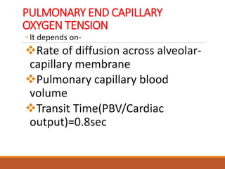 PULMONARY END CAPILLARY
OXYGEN TENSION
◦ It depends on-
Rate of diffusion across alveolar-
capillary membrane
Pulmonary capillary blood
volume
Transit Time(PBV/Cardiac
output)=0.8sec
 