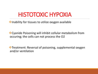 HISTOTOXIC HYPOXIA
Inability for tissues to utilize oxygen available
Cyanide Poisoning will inhibit cellular metabolism from
occuring; the cells can not process the O2
Treatment: Reversal of poisoning, supplemental oxygen
and/or ventilation
 