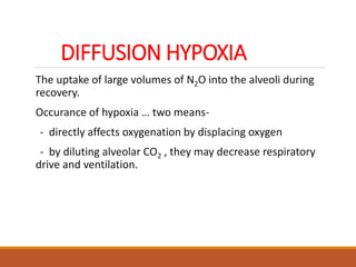 DIFFUSION HYPOXIA
The uptake of large volumes of N2O into the alveoli during
recovery.
Occurance of hypoxia … two means-
- directly affects oxygenation by displacing oxygen
- by diluting alveolar CO2 , they may decrease respiratory
drive and ventilation.
 