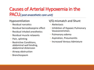 Causes of Arterial Hypoxemia in the
PACU( post anaesthetic care unit)
Hypoventilation
◦ Residual narcotics
◦ Residual benzodiazepine effect
◦ Residual inhaled anesthetics
◦ Residual muscle relaxants
◦ Pain, splinting
◦ Restrictive Conditions,
abdominal wall binding,
abdominal distension
◦ Airway obstruction
◦ Bronchospasm
V/Q mismatch and Shunt
◦ Atelectasis
◦ Inhibition of Hypoxic Pulmonary
Vasoconstriction.
◦ Pulmonary edema
◦ Aspiration, Pneumonitis
◦ Increased Venous Admixture
 