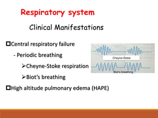 Central respiratory failure
- Periodic breathing
Cheyne-Stoke respiration
Biot’s breathing
High altitude pulmonary edema (HAPE)
Clinical Manifestations
Biot’s breathing
Cheyne-Stoke
Respiratory system
 