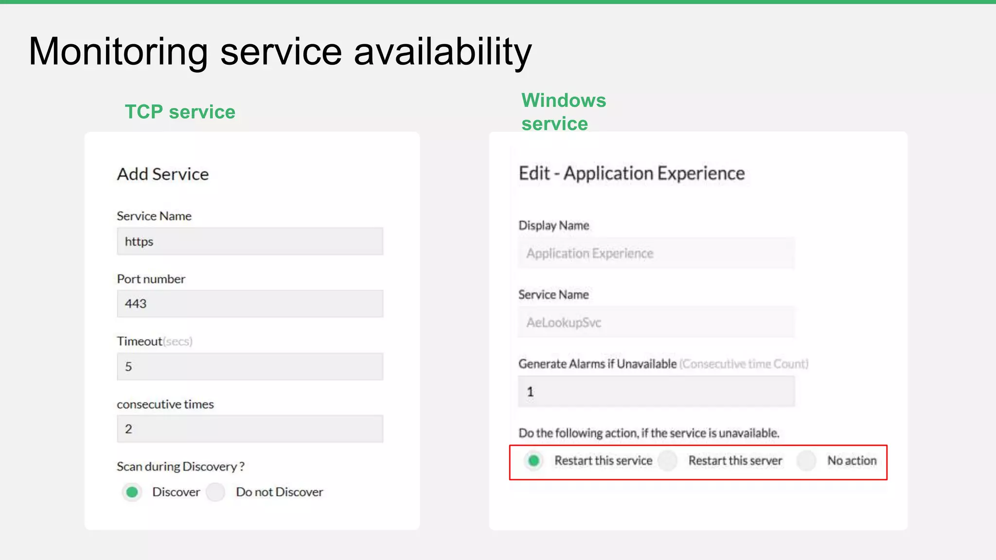 Monitoring service availability
TCP service
Windows
service
 