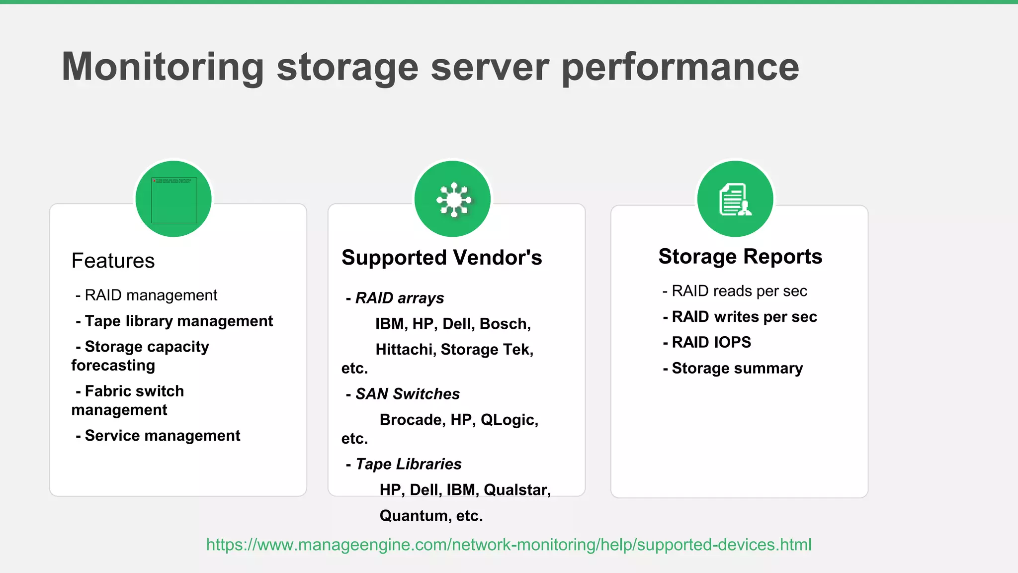 c
Monitoring storage server performance
Features
- RAID management
- Tape library management
- Storage capacity
forecasting
- Fabric switch
management
- Service management
Supported Vendor's
- RAID arrays
IBM, HP, Dell, Bosch,
Hittachi, Storage Tek,
etc.
- SAN Switches
Brocade, HP, QLogic,
etc.
- Tape Libraries
HP, Dell, IBM, Qualstar,
Quantum, etc.
Storage Reports
- RAID reads per sec
- RAID writes per sec
- RAID IOPS
- Storage summary
https://www.manageengine.com/network-monitoring/help/supported-devices.html
 
