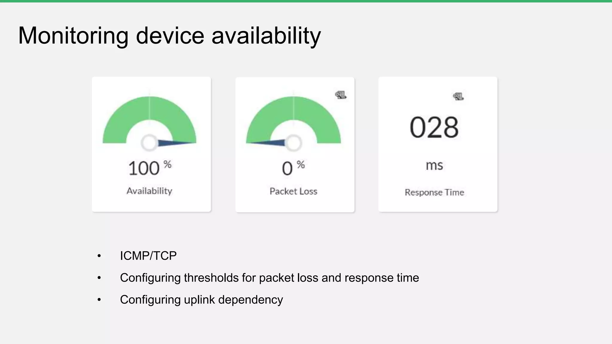 • ICMP/TCP
• Configuring thresholds for packet loss and response time
• Configuring uplink dependency
Monitoring device availability
 