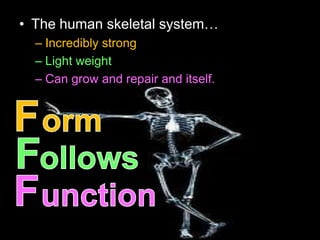• The human skeletal system…
– Incredibly strong
– Light weight
– Can grow and repair and itself.
 