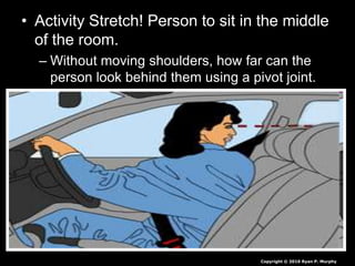 • Activity Stretch! Person to sit in the middle
of the room.
– Without moving shoulders, how far can the
person look behind them using a pivot joint.
Copyright © 2010 Ryan P. Murphy
 