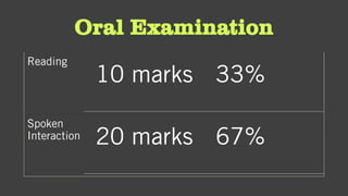 Reading
10 marks 33%
Spoken
Interaction 20 marks 67%
Oral Examination
 