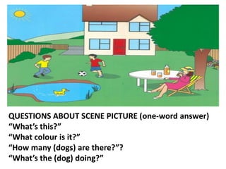 QUESTIONS ABOUT SCENE PICTURE (one-word answer)
“What’s this?”
“What colour is it?”
“How many (dogs) are there?”?
“What’s the (dog) doing?”