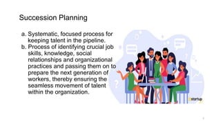 Succession Planning
2
a. Systematic, focused process for
keeping talent in the pipeline.
b. Process of identifying crucial...