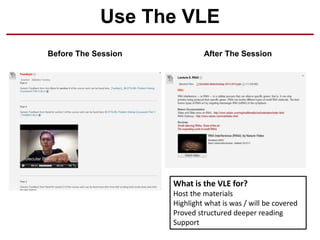 Use The VLE
Before The Session After The Session
What is the VLE for?
Host the materials
Highlight what is was / will be covered
Proved structured deeper reading
Support
 