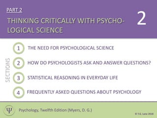 PART 2
1
THINKING CRITICALLY WITH PSYCHO-
LOGICAL SCIENCE
2
THE NEED FOR PSYCHOLOGICAL SCIENCE
HOW DO PSYCHOLOGISTS ASK AND ANSWER QUESTIONS?
3 STATISTICAL REASONING IN EVERYDAY LIFE
4 FREQUENTLY ASKED QUESTIONS ABOUT PSYCHOLOGY
SECTIONS
Ѱ
2
Psychology, Twelfth Edition (Myers, D. G.)
© T.G. Lane 2018
 