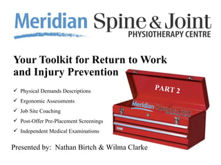 Your Toolkit for Return to Work  and Injury Prevention  PART 2 Presented by:  Nathan Birtch & Wilma Clarke ,[object Object],[object Object],[object Object],[object Object],[object Object]