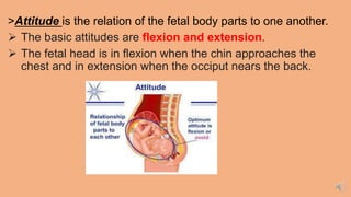 >Attitude is the relation of the fetal body parts to one another.
 The basic attitudes are flexion and extension.
 The fetal head is in flexion when the chin approaches the
chest and in extension when the occiput nears the back.
 