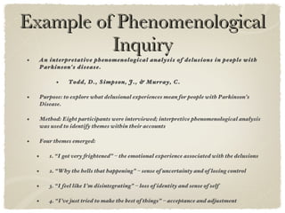 Example of Phenomenological Inquiry ,[object Object],[object Object],[object Object],[object Object],[object Object],[object Object],[object Object],[object Object],[object Object]