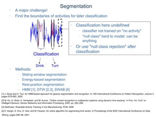 © Daniel Roggen www.danielroggen.net droggen@gmail.com
Segmentation
• A major challenge!
• Find the boundaries of activities for later classification
Classification
Drink Turn
• Methods:
– Sliding window segmentation
– Energy-based segmentation
– Rest-position segmentation
– HMM [1], DTW [2,3], SWAB [4]
[1] J. Deng and H. Tsui. An HMM-based approach for gesture segmentation and recognition. In 15th International Conference on Pattern Recognition, volume 3,
pages 679–682. 2000.
[2] M. Ko, G. West, S. Venkatesh, and M. Kumar, “Online context recognition in multisensor systems using dynamic time warping,” in Proc. Int. Conf. on
Intelligent Sensors, Sensor Networks and Information Processing, 2005, pp. 283–288.
[3] Stiefmeier, Wearable Activity Tracking in Car Manufacturing, PCM, 2008
[4] E. Keogh, S. Chu, D. Hart, and M. Pazzani. An online algorithm for segmenting time series. In Proceedings of the IEEE International Conference on Data
Mining, pages 289–96, 2001.
• Classification here undefined
– classifier not trained on "no activity"
– "null class" hard to model: can be
anything
• Or use "null class rejection" after
classification
 