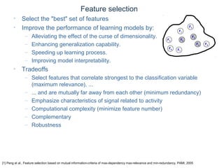 © Daniel Roggen www.danielroggen.net droggen@gmail.com
Feature selection
• Select the "best" set of features
• Improve the performance of learning models by:
– Alleviating the effect of the curse of dimensionality.
– Enhancing generalization capability.
– Speeding up learning process.
– Improving model interpretability.
• Tradeoffs
– Select features that correlate strongest to the classification variable
(maximum relevance), ...
– ... and are mutually far away from each other (minimum redundancy)
– Emphasize characteristics of signal related to activity
– Computational complexity (minimize feature number)
– Complementary
– Robustness
F1
F2
F3
F4
F5
F6 F7
F8
F9
[1] Peng et al., Feature selection based on mutual information-criteria of max-dependency max-relevance and min-redundancy, PAMI, 2005
 