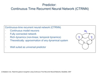 © Daniel Roggen www.danielroggen.net droggen@gmail.com
Predictor:
Continuous Time Recurrent Neural Network (CTRNN)
Continuous-time recurrent neural network (CTRNN)
• Continuous model neurons
• Fully connected network
• Rich dynamics (non-linear, temporal dynamics)
• Theoretically: approximation of any dynamical system
• Well suited as universal predictor
γi γj
ωij
[1] Bailador et al., Real time gesture recognition using Continuous Time Recurrent Neural Networks, BodyNets, 2007
 