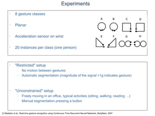 © Daniel Roggen www.danielroggen.net droggen@gmail.com
Experiments
• 8 gesture classes
• Planar
• Acceleration sensor on wrist
• 20 instances per class (one person)
• "Restricted" setup
– No motion between gestures
– Automatic segmentation (magnitude of the signal >1g indicates gesture)
• "Unconstrained" setup
– Freely moving in an office, typical activities (sitting, walking, reading …)
– Manual segmentation pressing a button
[1] Bailador et al., Real time gesture recognition using Continuous Time Recurrent Neural Networks, BodyNets, 2007
 