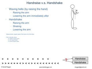© Daniel Roggen www.danielroggen.net droggen@gmail.com
• Waving hello (by raising the hand)
– Raising the arm
– Lowering the arm immediately after
• Handshake
– Raising the arm
– Shaking
– Lowering the arm
Handraise v.s. Handshake
• Measurements: angular speed of the lower arm at the elbow
• Only 3 discrete values:
– <0, negative angular speed
– =0, zero angular speed
– >0, positive angular speed
α
> > > > < < < = < <
> > = < = = < > < < > < < < < < = < < <
Handraise
Handshake
?
 