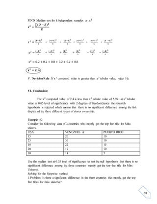 93 
FIND Median test for k independent samples or 풙ퟐ 
풙ퟐ = 
Σ(푶 − 푬)ퟐ 
푬 
푥 2 = (ퟒ−ퟓ)ퟐ 
5 
+ 
(ퟒ−ퟓ)ퟐ 
5 
+ (ퟕ−ퟓ)ퟐ 
5 
+ 
(ퟔ−ퟓ)ퟐ 
5 
+ (ퟔ−ퟓ)ퟐ 
5 
+ 
(ퟑ −ퟓ)ퟐ 
5 
x2 = (−ퟏ)ퟐ 
5 
+ 
(−ퟏ)ퟐ 
5 
+ 
(ퟐ)ퟐ 
5 
+ 
(ퟏ)ퟐ 
5 
+ 
(ퟏ)ퟐ 
5 
+ 
(−ퟐ)ퟐ 
5 
x2 = 0.2 + 0.2 + 0.8 + 0.2 + 0.2 + 0.8 
퐱ퟐ = ퟐ. ퟒ 
V. Decision Rule: If x2 computed value is greater than x2 tabular value, reject H0. 
VI. Conclusion: 
The x2 computed value of 2.4 is less than x2 tabular value of 5.991 at x2 tabular 
value at 0.05 level of significance with 2 degrees of freedom;hence the research 
hypothesis is rejected which means that there is no significant difference among the fish 
display of the three different types of stores ownership. 
Example #2 
Consider the following data of 3 countries who mostly got the top five title for Miss 
univers. 
USA VENEZUEL A PUERTO RICO 
15 20 10 
25 30 10 
18 22 15 
20 19 10 
10 14 5 
Use the median test at 0.05 level of significance to test the null hypothesis that there is no 
significant difference among the three countries mostly get the top-five title for Miss 
Universe. 
Solving for the Stepwise method 
I. Problem: Is there a significant difference in the three countries that mostly get the top 
five titles for miss universe? 
 