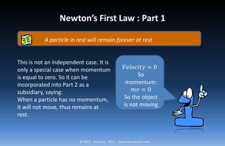 © ABCC Australia 2015 www.new-physics.com
Newton’s First Law : Part 1
A particle in rest will remain forever at rest
This is not an independent case. It is
only a special case when momentum
is equal to zero. So it can be
incorporated into Part 2 as a
subsidiary, saying:
When a particle has no momentum,
it will not move, thus remains at
rest.
𝑉𝑉𝑉𝑉𝑉𝑉𝑉𝑉𝑉𝑉𝑉𝑉𝑉𝑉𝑉𝑉 = 0
So
momentum:
𝑚𝑚𝑚𝑚 = 0
So the object
is not moving
 