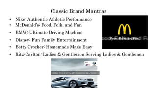 Classic Brand Mantras
• Nike: Authentic Athletic Performance
• McDonald’s: Food, Folk, and Fun
• BMW: Ultimate Driving Machine
• Disney: Fun Family Entertainment
• Betty Crocker: Homemade Made Easy
• Ritz-Carlton: Ladies & Gentlemen Serving Ladies & Gentlemen
 