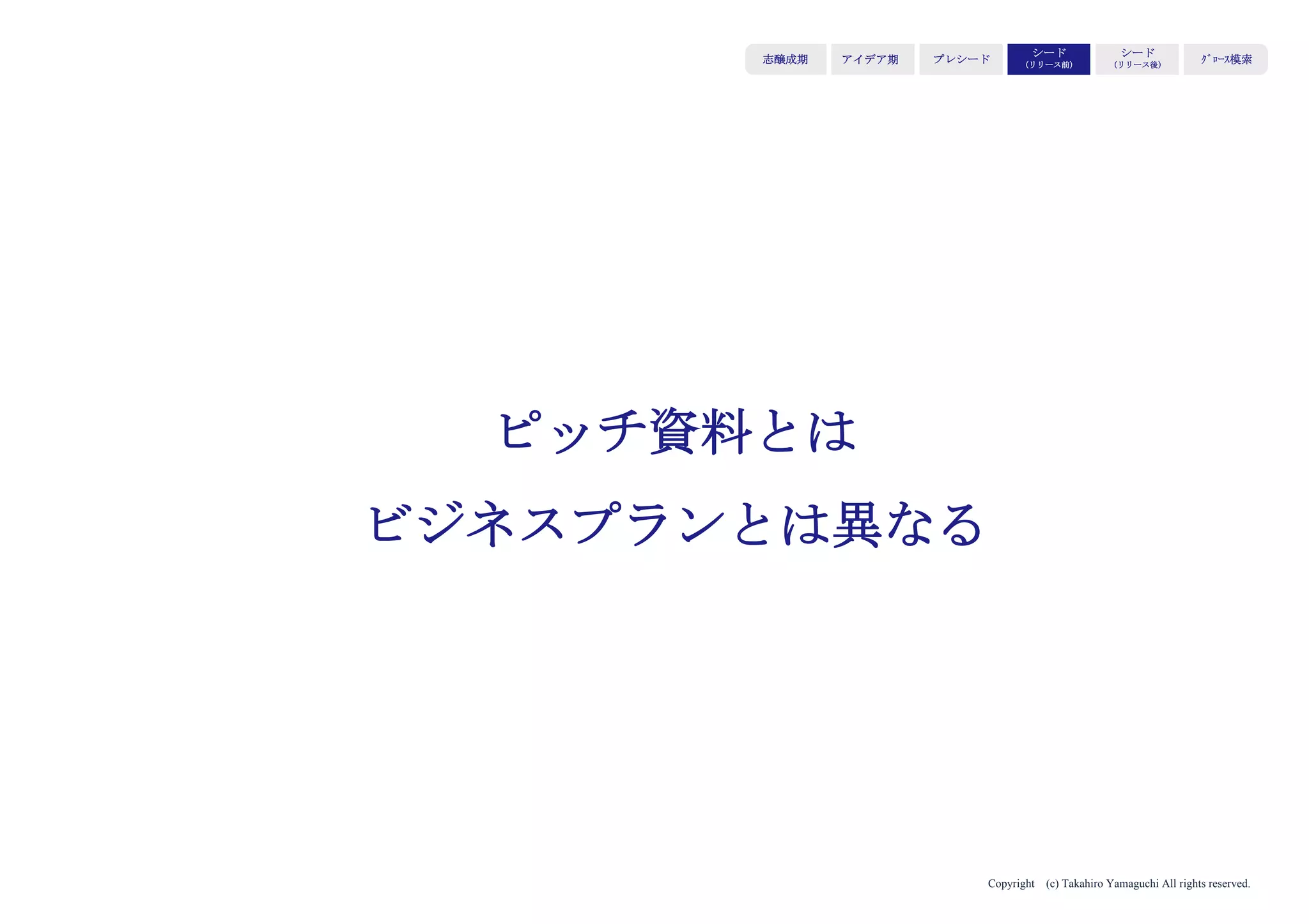 Copyright (c) Takahiro Yamaguchi All rights reserved.
アイデア期 プレシード
シード
（リリース前）
シード
（リリース後）
ｸﾞﾛｰｽ模索もやもや期
＜S型モデル5：データ提供モデル＞
カルチュア・コンビニエンス・クラブ株式会社は
約５千万人が利用するTカードから得られるデー
タ（ストック）を解析し、分析データ提供、デー
タ分析サービスを展開している。
 