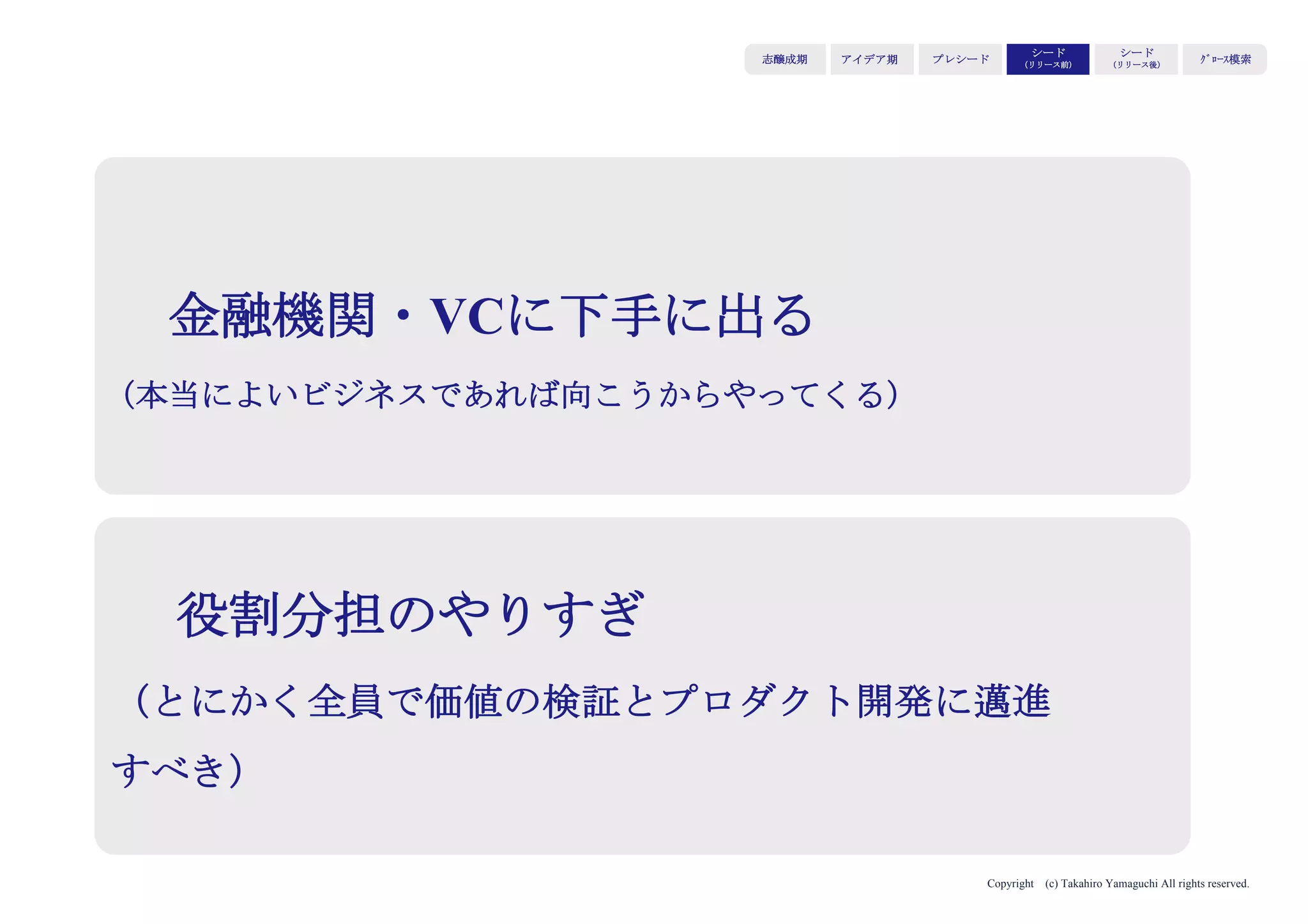 Copyright (c) Takahiro Yamaguchi All rights reserved.
アイデア期 プレシード
シード
（リリース前）
シード
（リリース後）
ｸﾞﾛｰｽ模索もやもや期
かつては事業計画書を時間をかけて準備し、ミーティン
グを行っていたが、スタートアップの爆発的増加に伴い
投資家が扱う投資案件も増えている。だからこそ短い時
間で判断し、詳細な検討に進めるか決めるためにピッチ
がある。
持ち込み案件：10,000
ピッチ：1,000
ミーティングと詳細な検討：100
投資：10
投資家向けプレゼンの変遷
 
