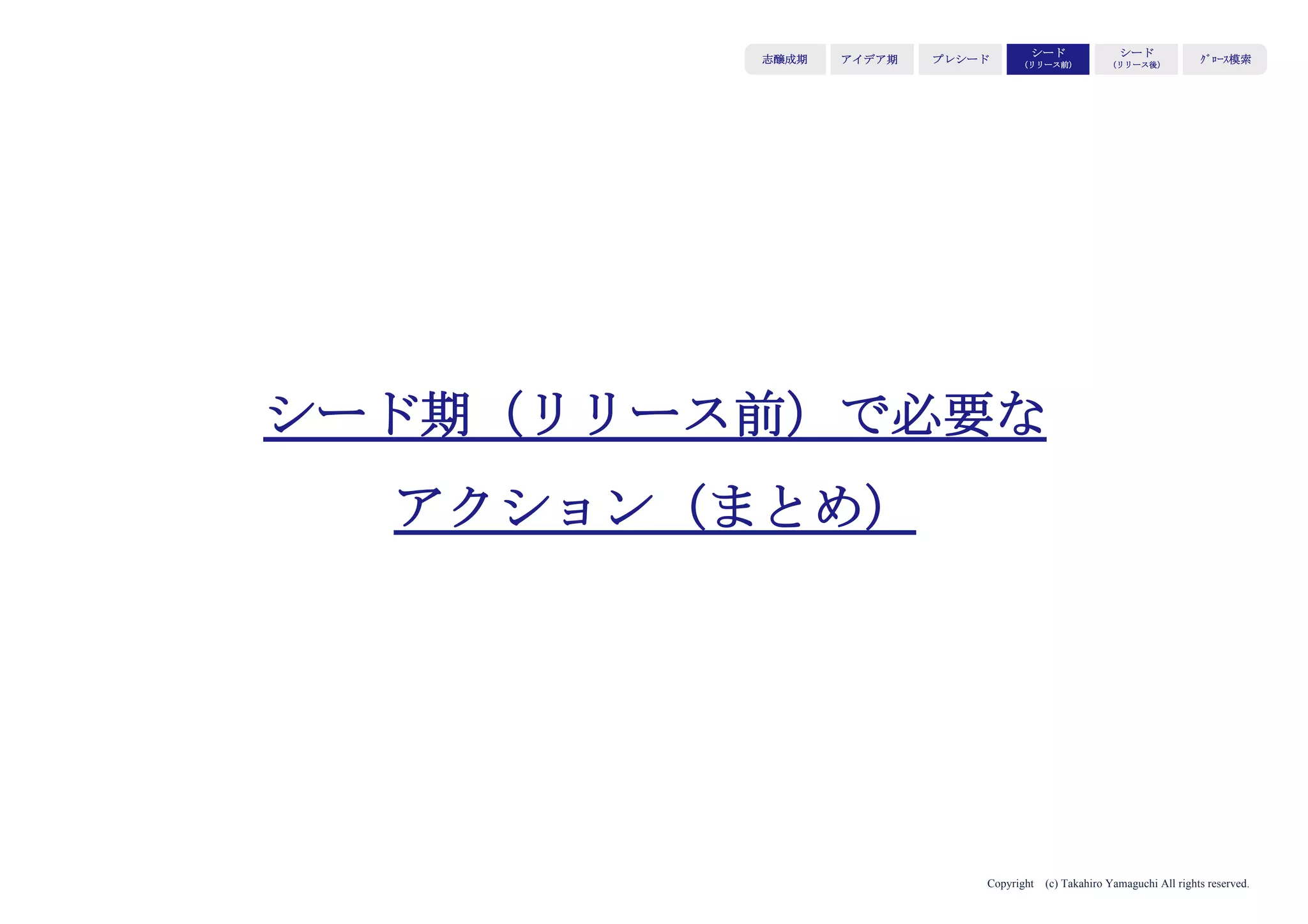 Copyright (c) Takahiro Yamaguchi All rights reserved.
アイデア期 プレシード
シード
（リリース前）
シード
（リリース後）
ｸﾞﾛｰｽ模索もやもや期
起業家自身とプロダクト/サービスの将来性を買っても
らうことになる。
まだ無いアイデアとはいえイノベーティブさやVision、
価値だけを語ればいいわけではない。
それらを実現するための成長のエンジンが必要。
ピッチの内容−何を売るか−
 