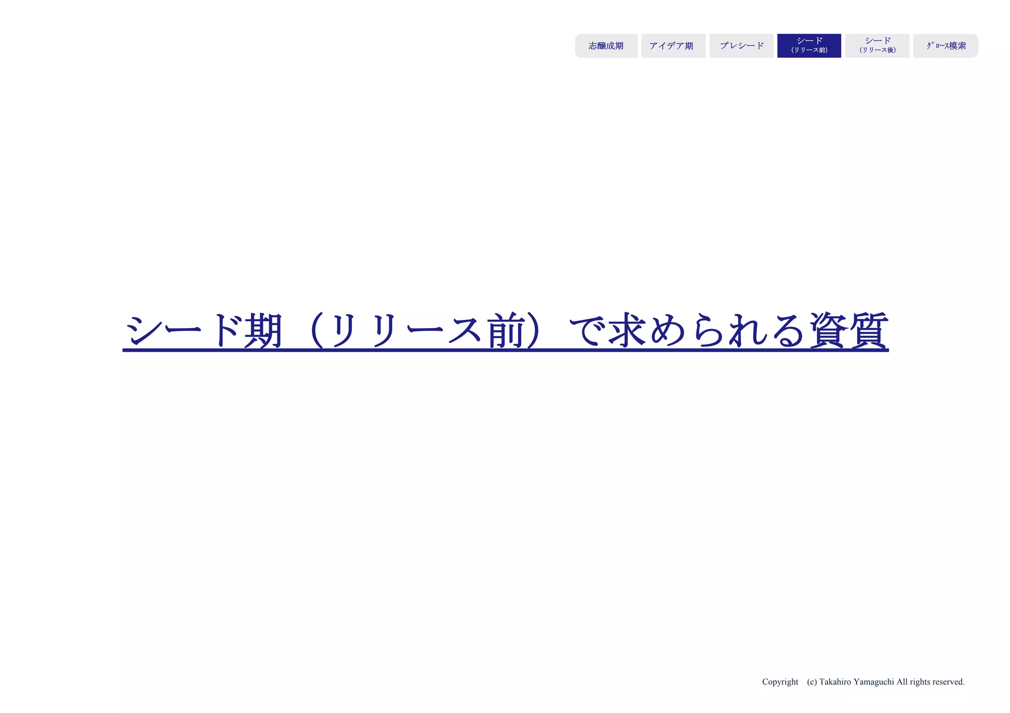 Copyright (c) Takahiro Yamaguchi All rights reserved.
アイデア期 プレシード
シード
（リリース前）
シード
（リリース後）
ｸﾞﾛｰｽ模索もやもや期
①原体験ストーリー
社会的意義の高いこのプロダクトに対する自身の情熱
→聞き手の価値観に訴える効果
伝えるべきポイント
・何が契機となり、ビジネスを起したのか？
・あなたがやる理由とは？
・どのような経緯でここまでたどり着いたのか？
 