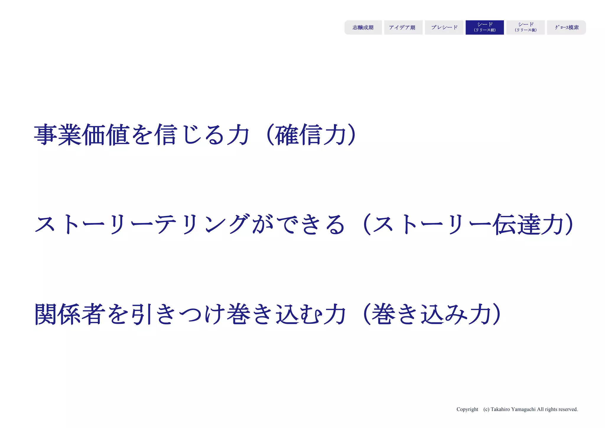 Copyright (c) Takahiro Yamaguchi All rights reserved.
アイデア期 プレシード
シード
（リリース前）
シード
（リリース後）
ｸﾞﾛｰｽ模索もやもや期
②志
どのような状態を生み出すために、人々・ユーザーにど
のような行動変容を求めるか
→何を成し遂げようとしているのかを伝え共感を得る
伝えるべきポイント
・壮大な、人々が高揚する「生み出したい状態」
・生み出したい状態に対して効果的な人々に求める行動変容
・あなたが生み出そうとしているビジネスがなければ生み出せない状
態であるのか、引き起こせない行動変容であるのか
 