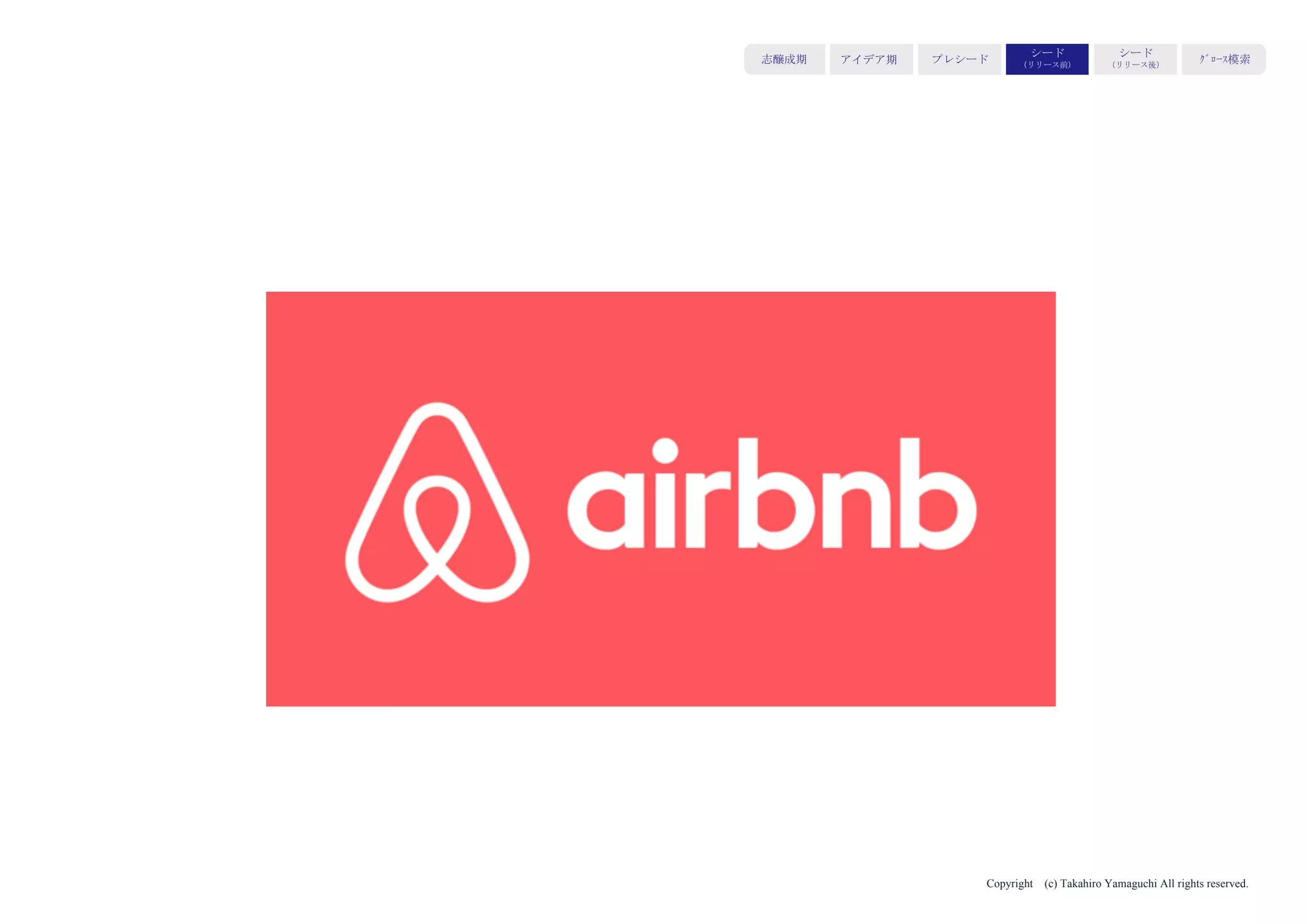 Copyright (c) Takahiro Yamaguchi All rights reserved.
アイデア期 プレシード
シード
（リリース前）
シード
（リリース後）
ｸﾞﾛｰｽ模索もやもや期
 