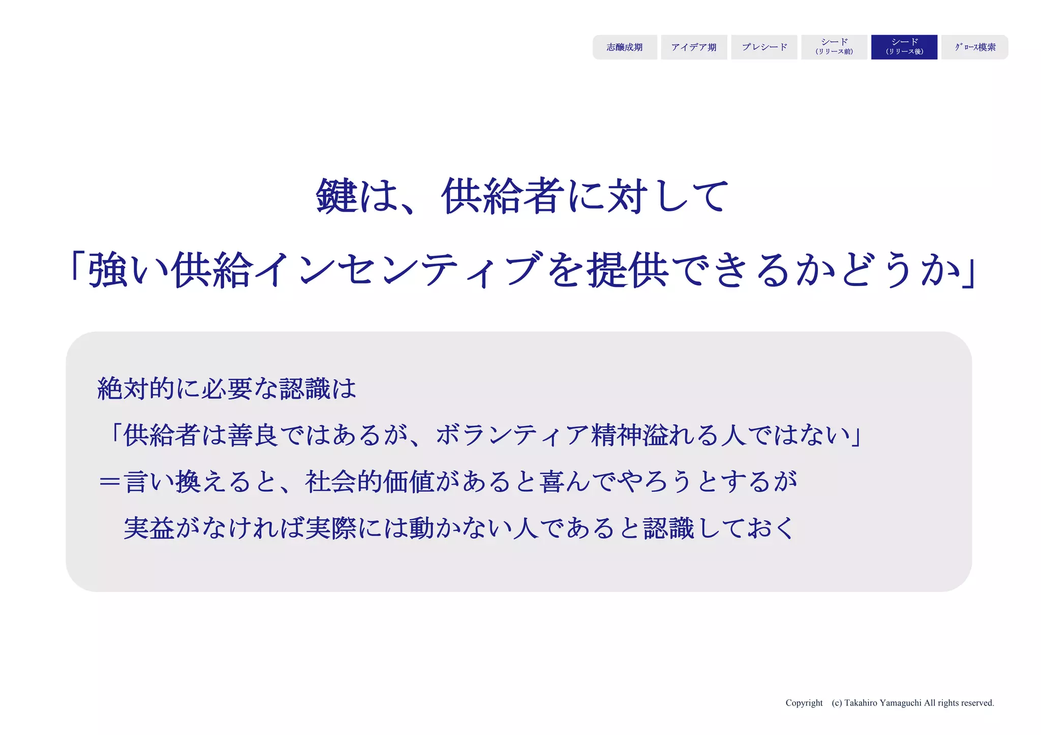 Copyright (c) Takahiro Yamaguchi All rights reserved.
特にターゲティングは肝
アイデア期 プレシード
シード
（リリース前）
シード
（リリース後）
ｸﾞﾛｰｽ模索もやもや期
売上確保のために、購買してくださるユーザーは
全て対象にしたいという衝動に駆られる。
しかし、顧客を選別しておかなければ、
招かれざる客が後々経営を危機に陥れることがある。
 