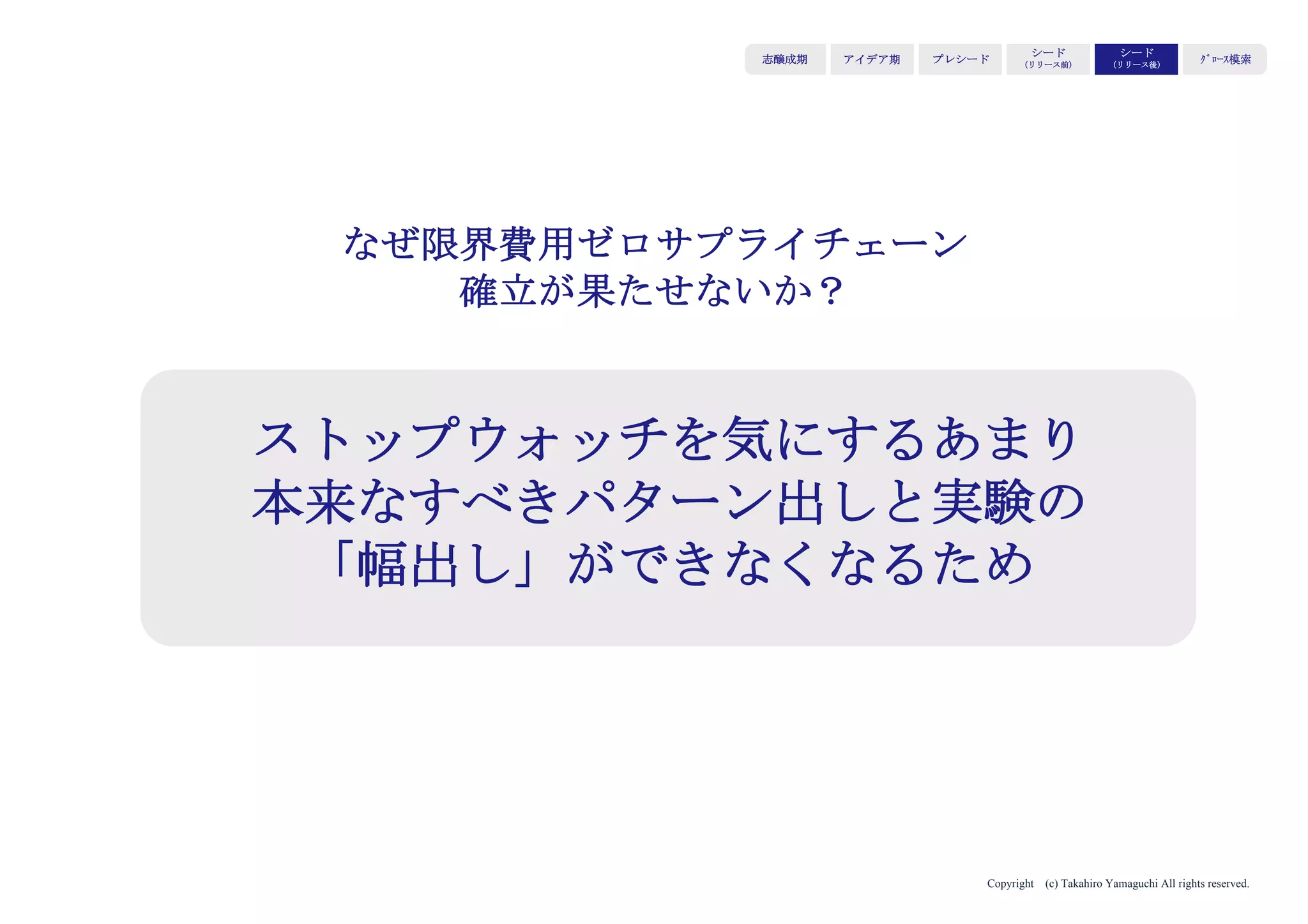 Copyright (c) Takahiro Yamaguchi All rights reserved.
価値を提供するための
最適なフォーマット
（手段、形状、経験全体）
を組み立てる
STPと、拡張する
BtoBモデルにフィット
する価格を設定する
ユーザーに届ける
最適ルートを構築する
・Productはユーザーに
対して価値を届ける
フォーマットとして妥
当か
・価格に対するユーザ
ーの納得度は高いか
・単発だけでなく、継
続的に購買するのに適
した価格か
・ターゲットユーザー
に適切に届くか
・それらのルートはコ
ストパフォーマンスが
高いか
4Pの定義
リリース後に
検証すべきこと
Product
Price
Place
アイデア期 プレシード
シード
（リリース前）
シード
（リリース後）
ｸﾞﾛｰｽ模索もやもや期
 