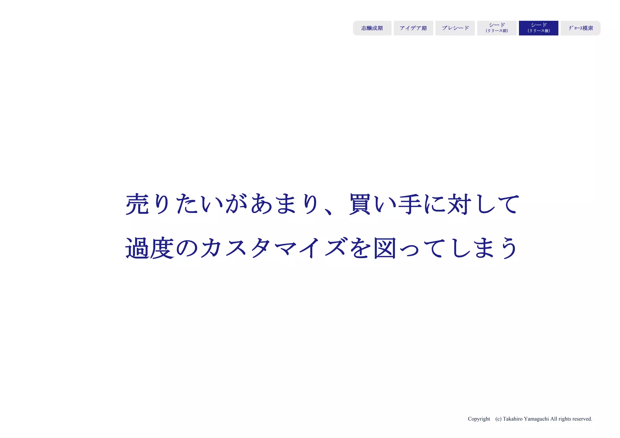 Copyright (c) Takahiro Yamaguchi All rights reserved.
直線的成長 限界費用ゼロ成長
自前でコストをかけて
供給量を拡大するため
直線的成長となる
コストをかけずに
供給量を拡大するため、
指数関数的成長が可能
アイデア期 プレシード
シード
（リリース前）
シード
（リリース後）
ｸﾞﾛｰｽ模索もやもや期
 