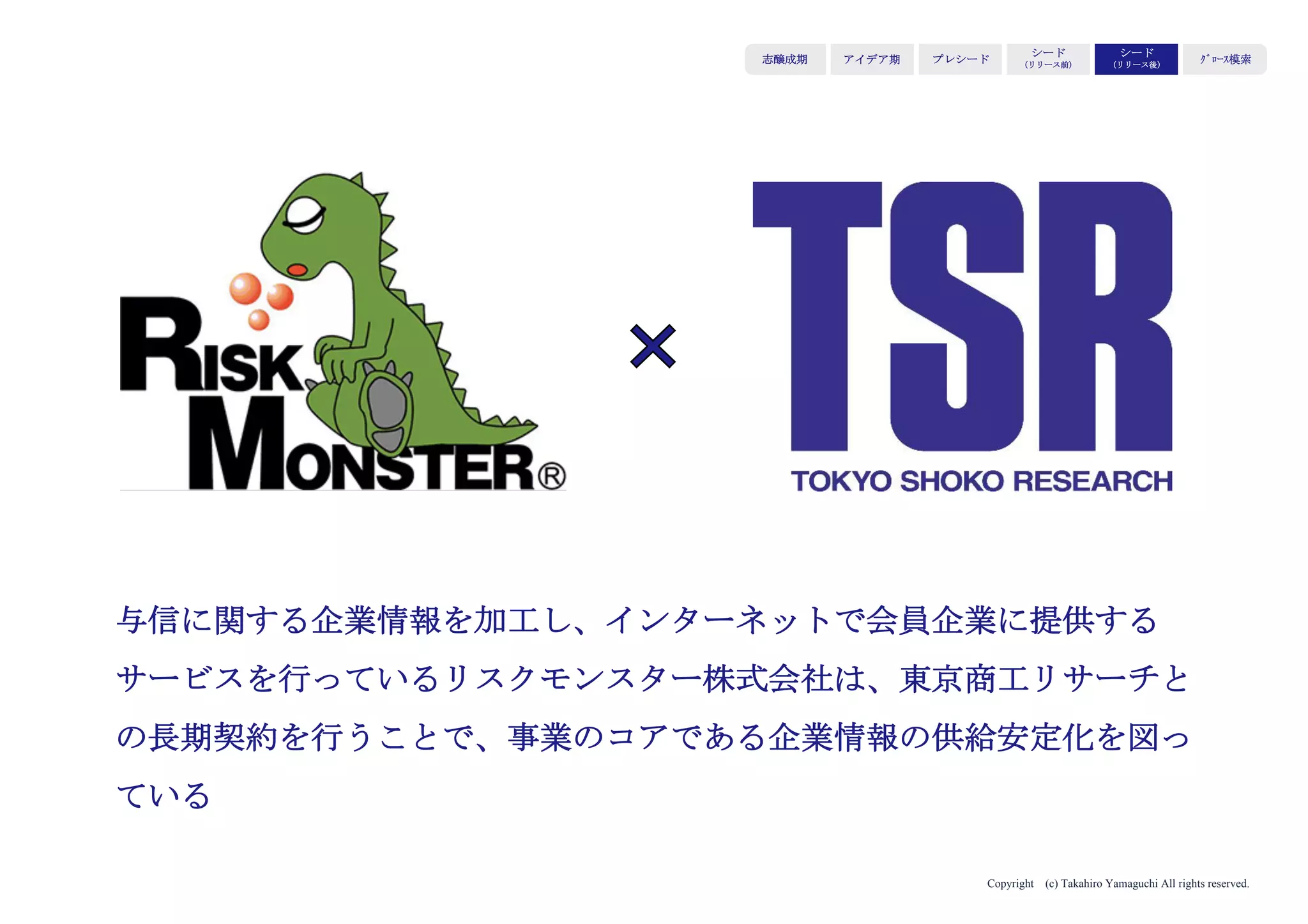 Copyright (c) Takahiro Yamaguchi All rights reserved.
カスタマイズするかどうかの判断は
その後規格化できるかどうかで見極める
アイデア期 プレシード
シード
（リリース前）
シード
（リリース後）
ｸﾞﾛｰｽ模索もやもや期
（そのカスタマイズしたプロダクトはその後拡販につながるかどうか）
 