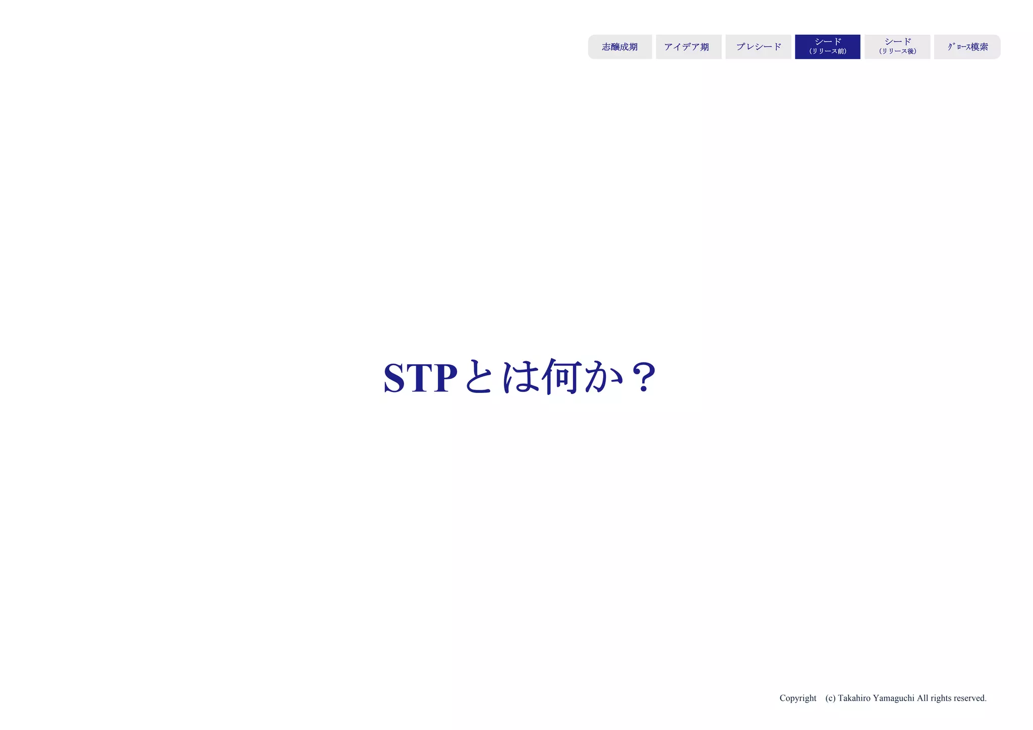 Copyright (c) Takahiro Yamaguchi All rights reserved.
STP再定義
アイデア期 プレシード
シード
（リリース前）
シード
（リリース後）
ｸﾞﾛｰｽ模索もやもや期
 