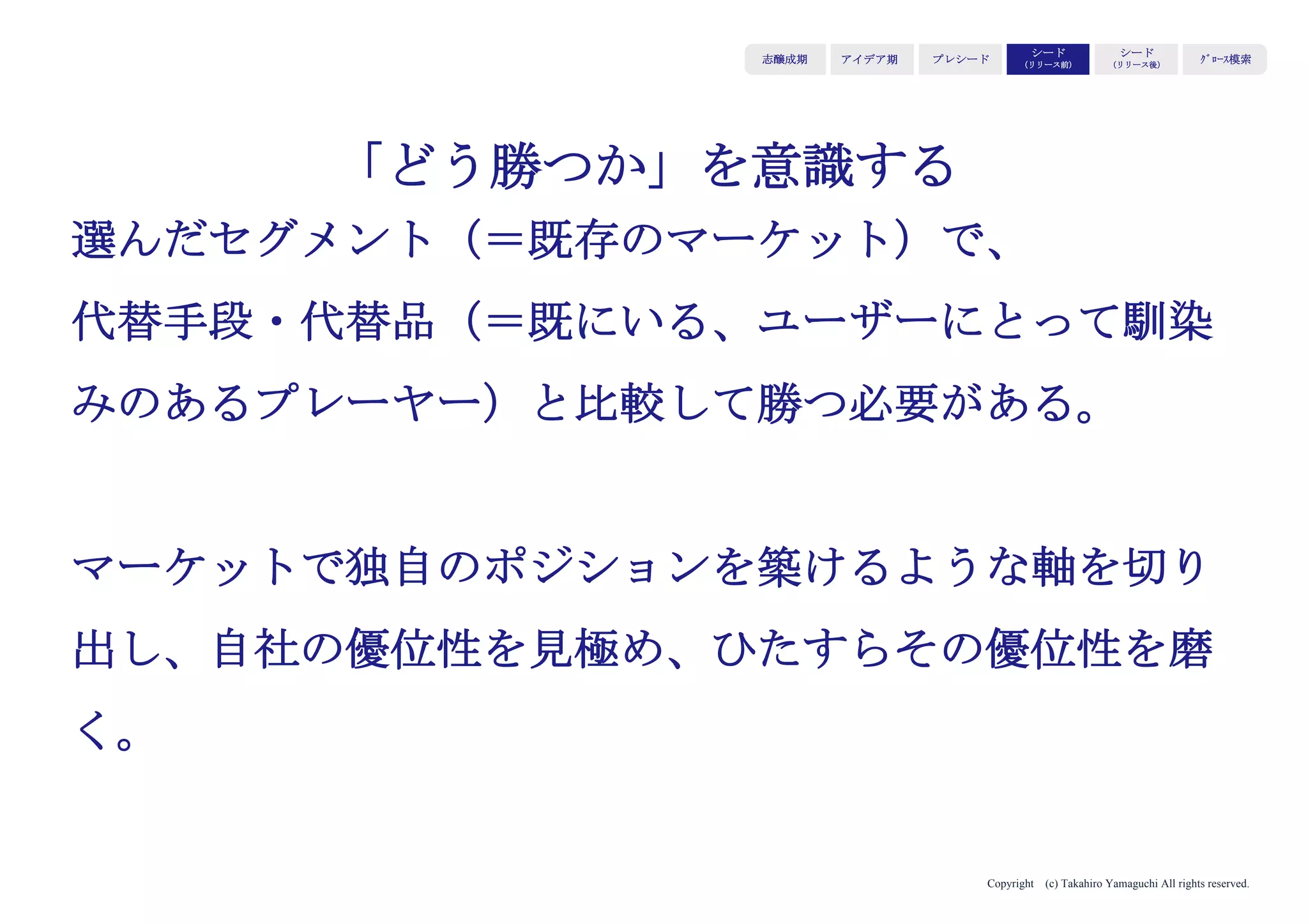 Copyright (c) Takahiro Yamaguchi All rights reserved.
iPhoneはどのような
ポジショニングをとっているか？
（ジョブズのかの有名なプレゼンテーションで
見たことがある人も多いかもしれませんね！）
アイデア期 プレシード
シード
（リリース前）
シード
（リリース後）
ｸﾞﾛｰｽ模索もやもや期
 
