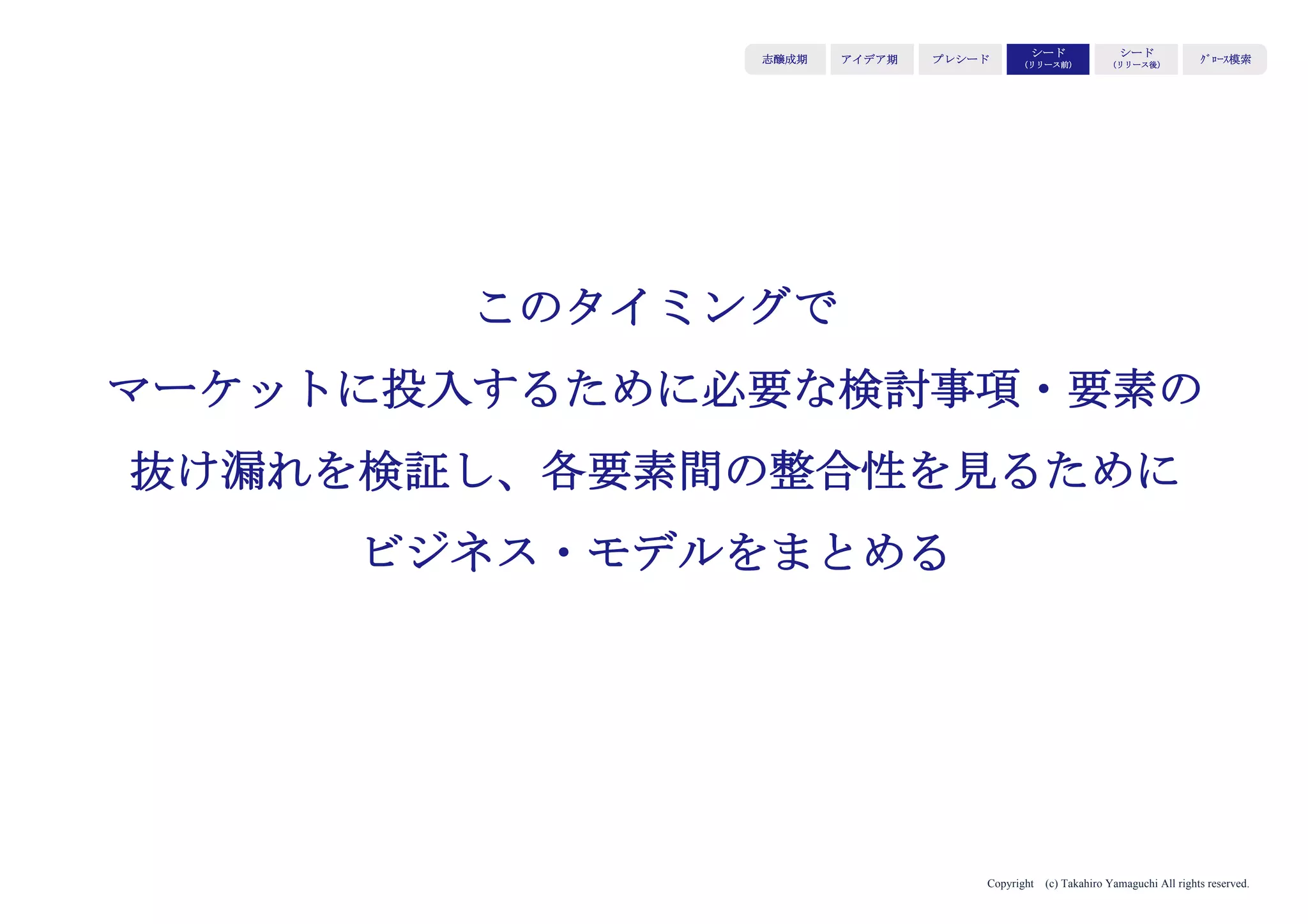 Copyright (c) Takahiro Yamaguchi All rights reserved.
アイデア期 プレシード
シード
（リリース前）
シード
（リリース後）
ｸﾞﾛｰｽ模索もやもや期
もう1つの意味
競合を退ける
低価格にも拘らず、価値のあるものを販売
するため、後発者にとって参入障壁が高い
 