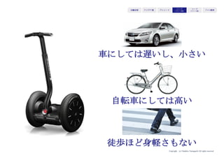 Copyright (c) Takahiro Yamaguchi All rights reserved.
アイデア期 プレシード
シード
（リリース前）
シード
（リリース後）
ｸﾞﾛｰｽ模索もやもや期
車にしては遅いし、小さい
自転車にしては高い
徒歩ほど身軽さもない
 