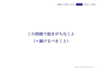 Copyright (c) Takahiro Yamaguchi All rights reserved.
アイデア期 プレシード
シード
（リリース前）
シード
（リリース後）
ｸﾞﾛｰｽ模索もやもや期
ピッチ資料の構造と作り方
 