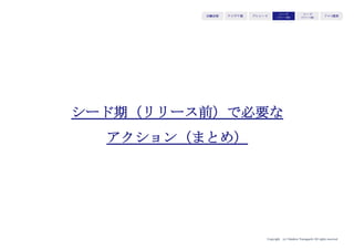 Copyright (c) Takahiro Yamaguchi All rights reserved.
アイデア期 プレシード
シード
（リリース前）
シード
（リリース後）
ｸﾞﾛｰｽ模索もやもや期
起業家自身とプロダクト/サービスの将来性を買っても
らうことになる。
まだ無いアイデアとはいえイノベーティブさやVision、
価値だけを語ればいいわけではない。
それらを実現するための成長のエンジンが必要。
ピッチの内容−何を売るか−
 