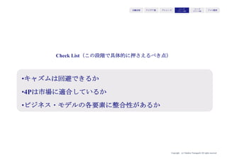 Copyright (c) Takahiro Yamaguchi All rights reserved.
アイデア期 プレシード
シード
（リリース前）
シード
（リリース後）
ｸﾞﾛｰｽ模索もやもや期
⑤成長ストーリー
どのようなビジネスモデルで成長を実現するか。拡大
ストーリーは何か。
→キャッシュポイントと供給体制の持続性を示す効果
伝えるべきポイント
・キャッシュポイントは明確であり、かつ複数用意されているか
・拡大ストーリーはあるか
 