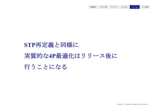 Copyright (c) Takahiro Yamaguchi All rights reserved.
シード期（リリース後）の流れ
STP/4P最適化
事業ドライバー
検証
限界費用ゼロ
サプライチェーン
構築
アイデア期 プレシード
シード
（リリース前）
シード
（リリース後）
ｸﾞﾛｰｽ模索もやもや期
 