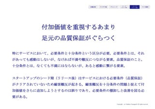 Copyright (c) Takahiro Yamaguchi All rights reserved.
限界費用ゼロサプライチェーンの構築
アイデア期 プレシード
シード
（リリース前）
シード
（リリース後）
ｸﾞﾛｰｽ模索もやもや期
 