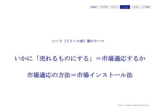 Copyright (c) Takahiro Yamaguchi All rights reserved.
アイデア期 プレシード
シード
（リリース前）
シード
（リリース後）
ｸﾞﾛｰｽ模索もやもや期
いかに「売れるものにする」＝市場適応するか
市場適応の方法＝市場インストール法
シード（リリース前）期のテーマ
 