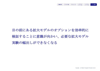 Copyright (c) Takahiro Yamaguchi All rights reserved.
0から1の全く新たな事業を生み出しスケールさせることにより他の
誰も手にしない資産（他者から見た魅力的な価値）を手にする。
独自資産を活用して、
業界・法人が抱える課題を解くための事業を生み出す。
➝業界・法人向けビジネスを構築する（B to Bビジネス構築）
アイデア期 プレシード
シード
（リリース前）
シード
（リリース後）
ｸﾞﾛｰｽ模索もやもや期
toC事業から資産を活用したtoBビジネスへの拡張へ
 