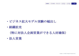 Copyright (c) Takahiro Yamaguchi All rights reserved.
Roombaの例で解説します
（Part1再掲）
アイデア期 プレシード
シード
（リリース前）
シード
（リリース後）
ｸﾞﾛｰｽ模索もやもや期
 