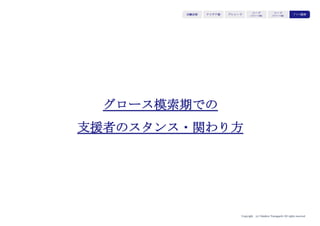 Copyright (c) Takahiro Yamaguchi All rights reserved.
業界・法人向けビジネス創造の留意点
業界・法人向けビジネス創造を模索する段階では
クライアントのニーズに応じて
柔軟にカスタマイズすること
※当然その業界・法人の規模は大きいことが前提
（プロダクトをスケールする段階では、
カスタマイズすることなく規格を守ることが大切ということに対して）
アイデア期 プレシード
シード
（リリース前）
シード
（リリース後）
ｸﾞﾛｰｽ模索もやもや期
 