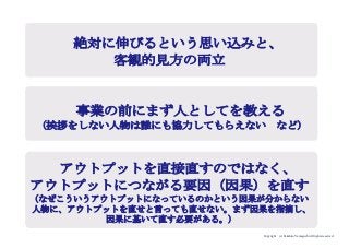 Copyright (c) Takahiro Yamaguchi All rights reserved.
絶対に伸びるという思い込みと、
客観的見方の両立
事業の前にまず人としてを教える
（挨拶をしない人物は誰にも協力してもらえない など）
アウトプットを直接直すのではなく、
アウトプットにつながる要因（因果）を直す
（なぜこういうアウトプットになっているのかという因果が分からない
人物に、アウトプットを直せと言っても直せない。まず因果を指摘し、
因果に基いて直す必要がある。）
 